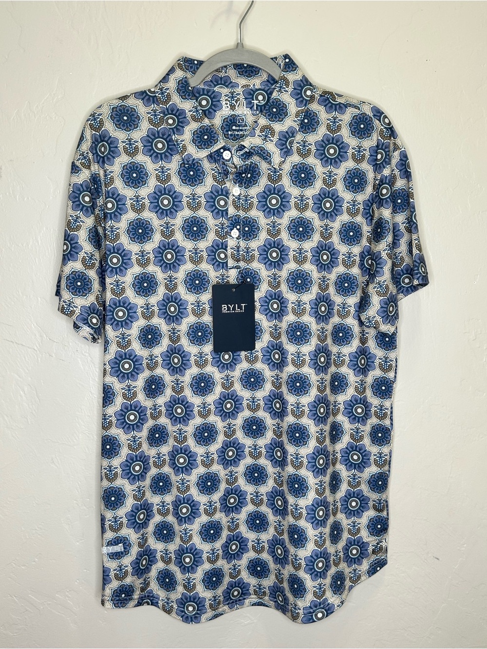 BYLT Basics Premium Drop Cut Blue Floral Short Sleeve Polo Shirt Size Large